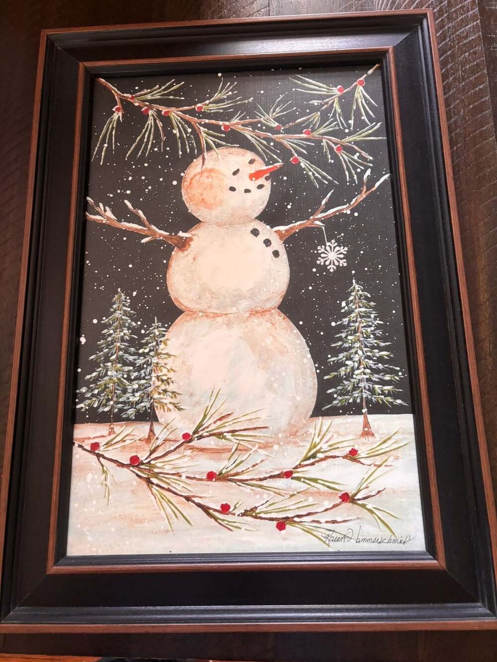 Karen R. Dammersmith Framed Snowman and Pine Branches Art Print